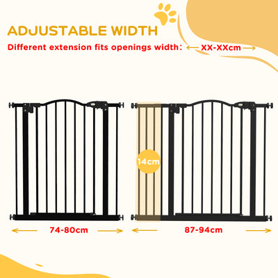 PawHut Metal 74-94cm Adjustable Pet Gate Safety Barrier w/ Auto-Close Door Black 