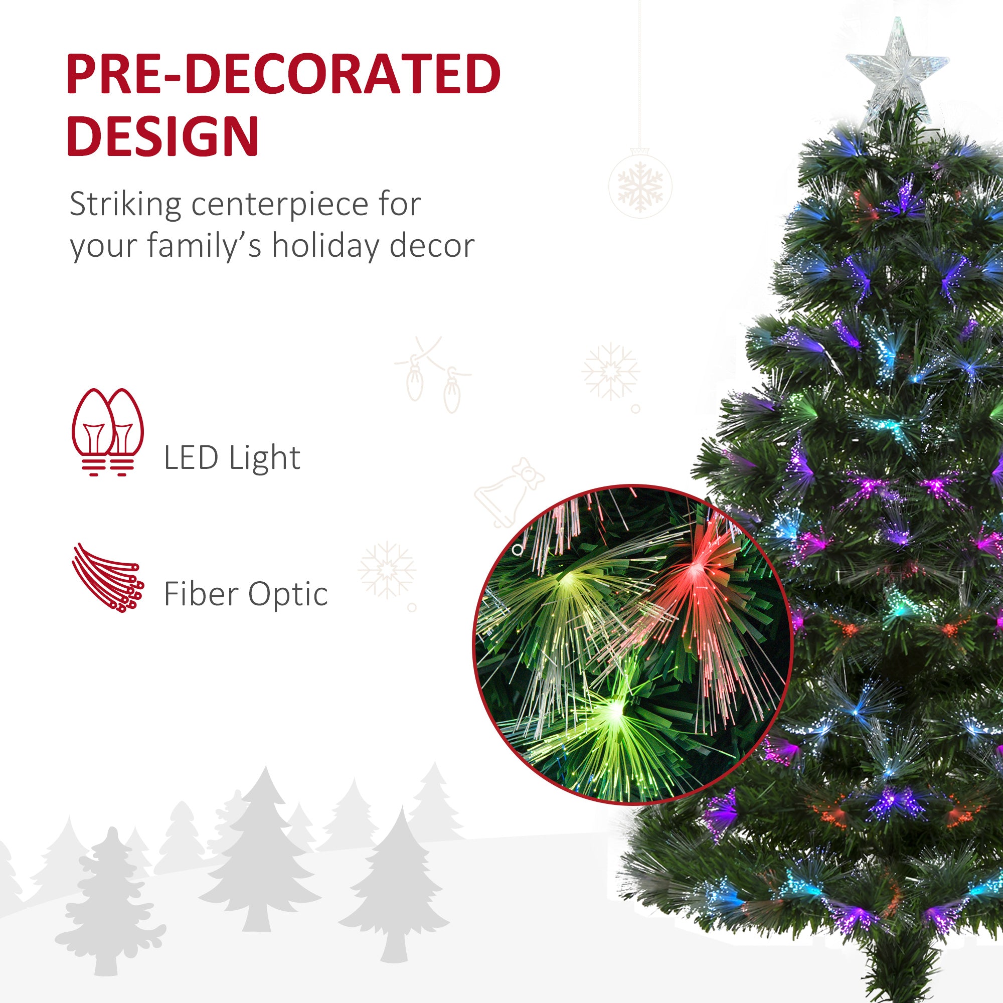 HOMCOM 4FT Multicoloured Artificial Christmas Tree w/ Fibre Optic Lights Pre-Lit Modes Metal Stand Star Holder Home Seasonal Decoration 