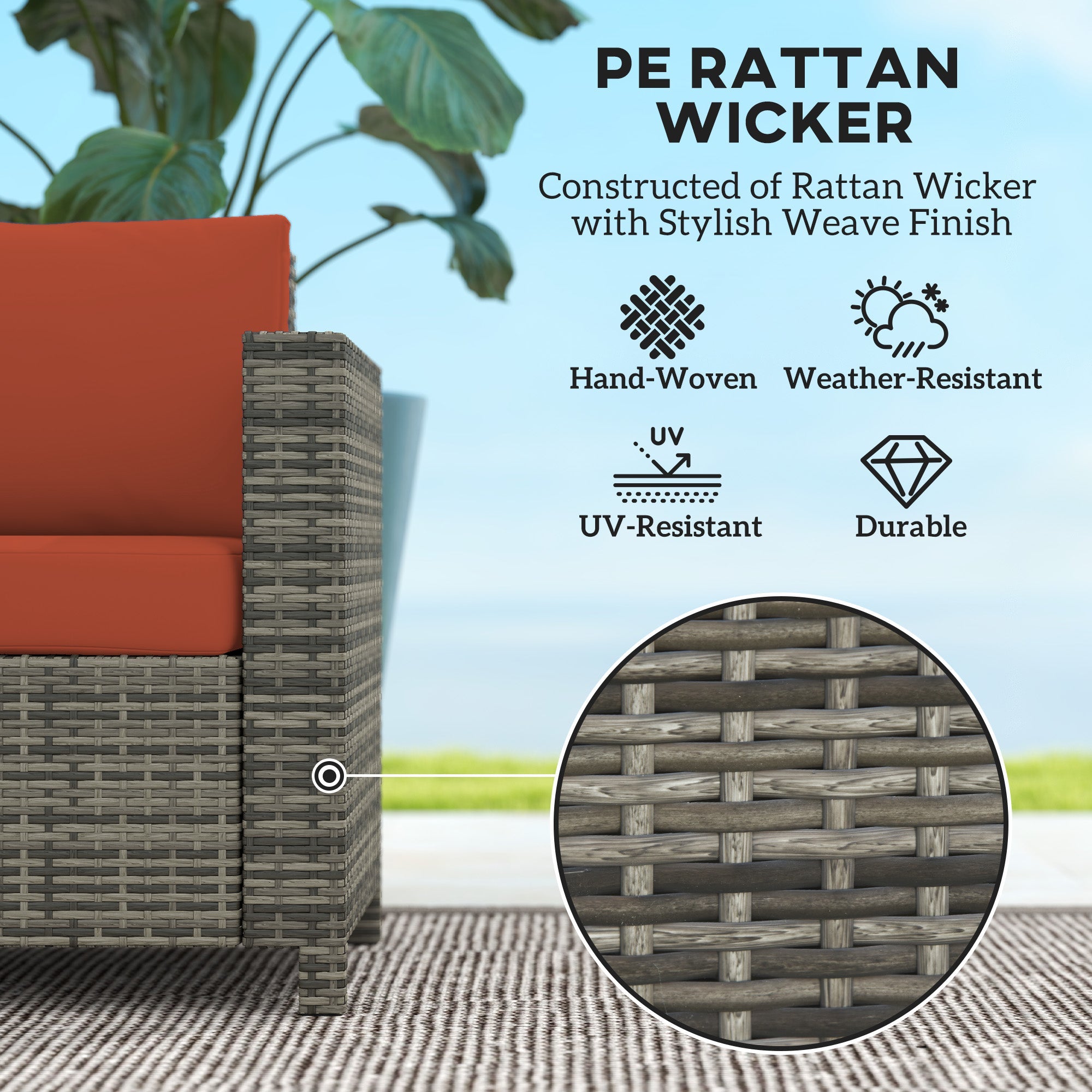 Outsunny Rattan Sofa, 2 Seater Garden Furniture with Soft Padded Cushion and Armrests, Wicker Garden Loveseat for Patio, Grey 