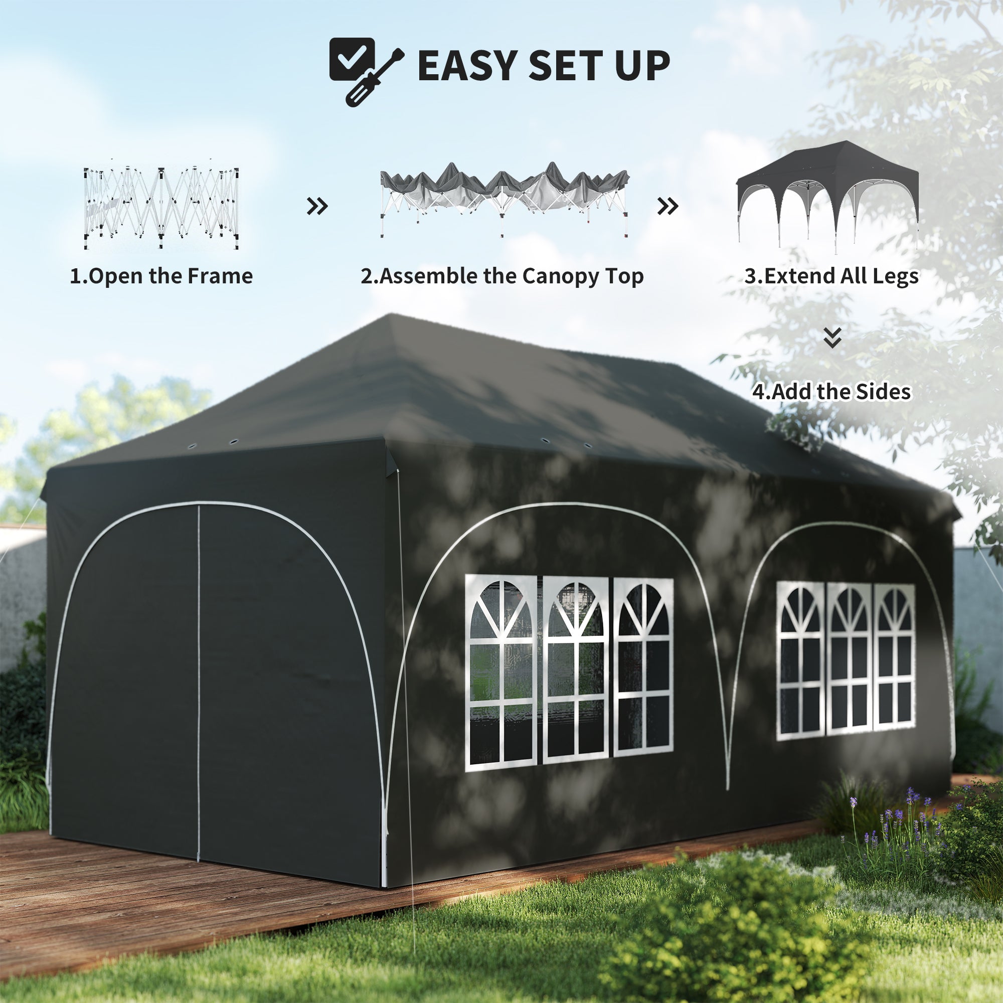 Outsunny 3 x 6m Pop Up Gazebo Shelter with Sides, 6 Sandbags, Peak Top Garden Party Tent Marquee with Carry Bag, Dark Grey 