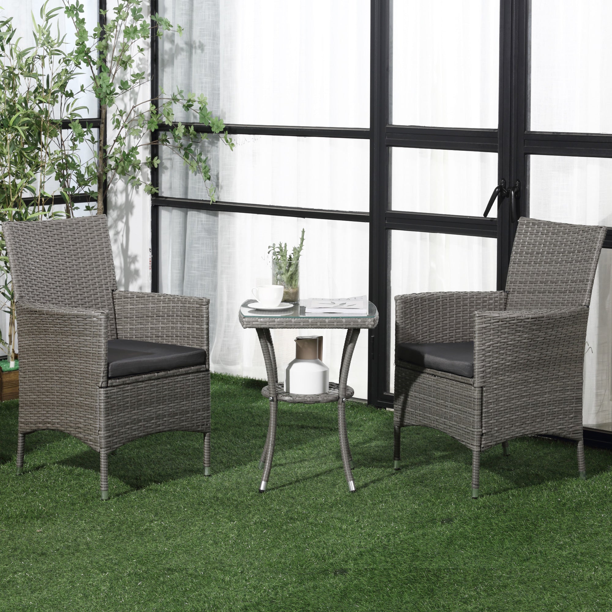Outsunny 3 Pieces Rattan Bistro Set, Wicker Garden Furniture Set with 2-Tier Coffee Table and Chairs, Washable Cushions, for Outdoor Patio Balcony, Grey 