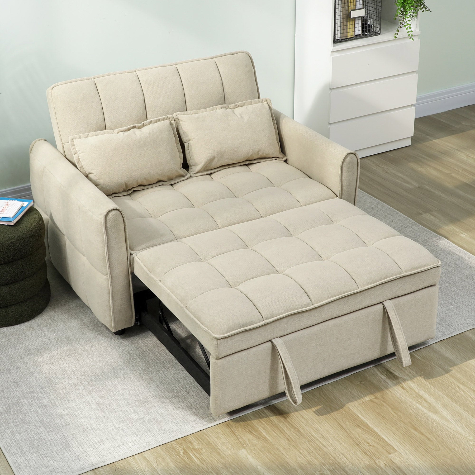 HOMCOM 2 Seater Sofa Bed, 3-in-1 Convertible Sleeper Sofa with Click-clack Adjustable Backrest and 2 Pillows, Light Brown 