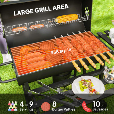 Outsunny Charcoal BBQ Grill with Foldable Front Side Shelf, Portable Barbecue Smoker with Warming Rack, Bottom Shelf, Lid, Temperature Gauge, Wheels for Outdoor Cooking Garden Party, Black 