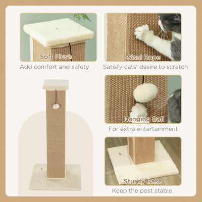 PawHut 81cm Cat Scratcher, Vertical Full Scratcher w/ Natural Jute Rope, Hanging Ball, Soft Plush - Beige 