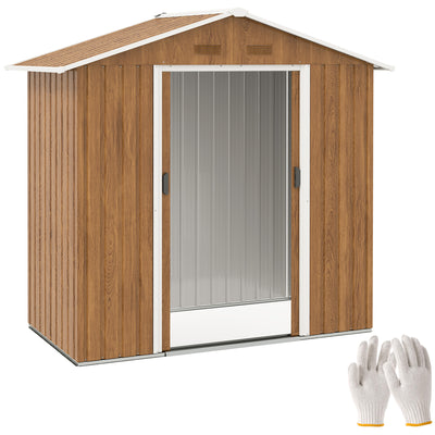 Outsunny 6.5 x 3.5ft Metal Garden Storage Shed - Brown Wood Effect 