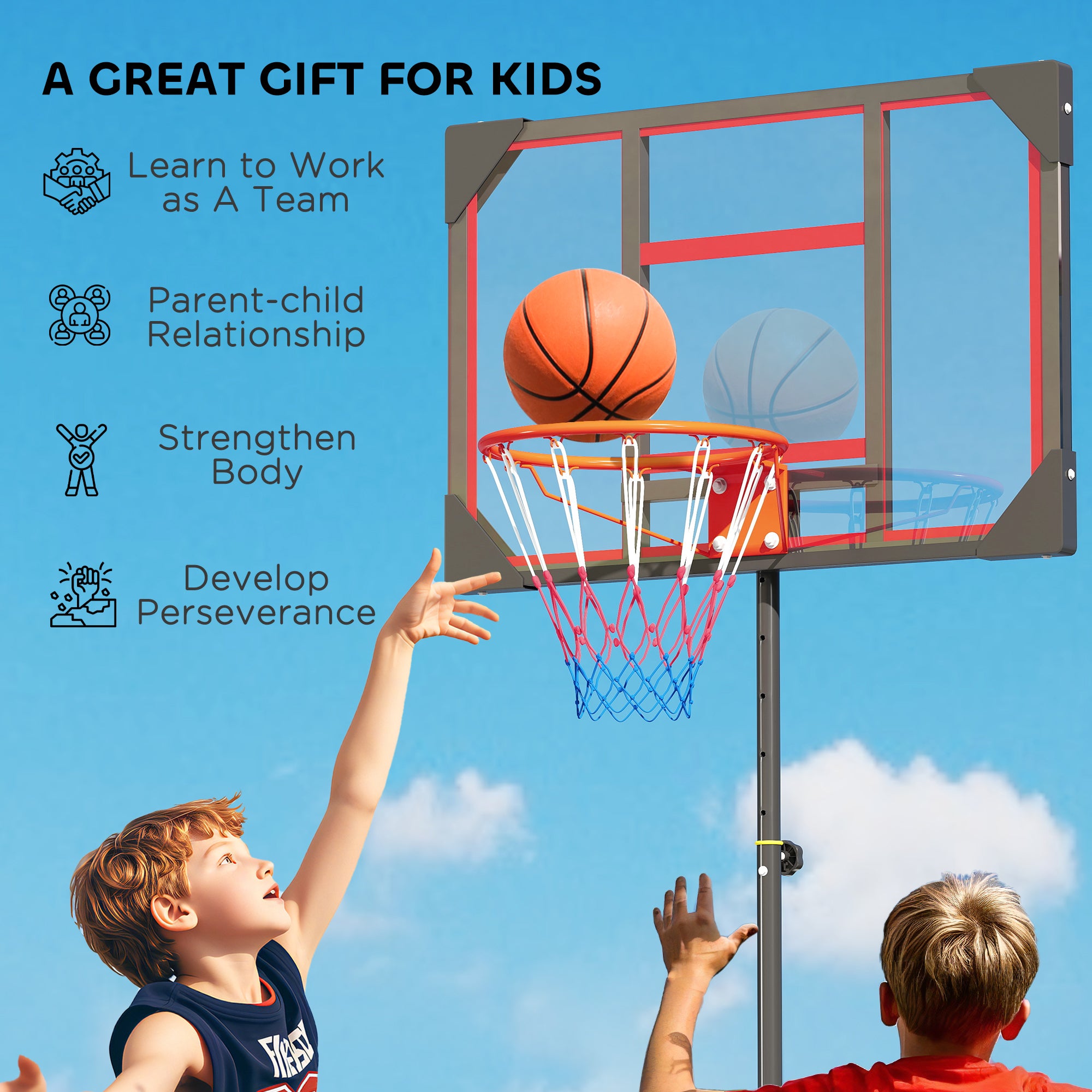 AIYAPLAY Basketball Hoop Outdoor Indoor, 210-260cm Height Adjustable Basketball Hoop with Wheels, Larger Base, for 6+ Years, Red 