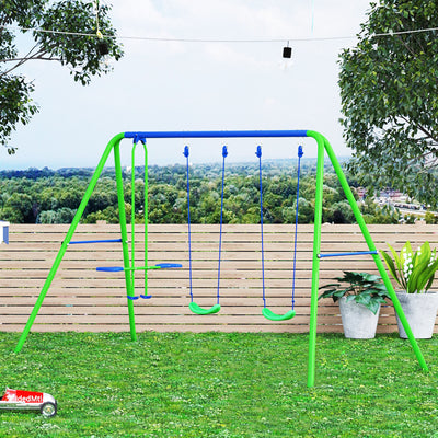 Outsunny Metal Garden Swing Set Height Adjustable Children Outdoor Backyard Play Set for Toddlers Over 3 Years Old, Green 