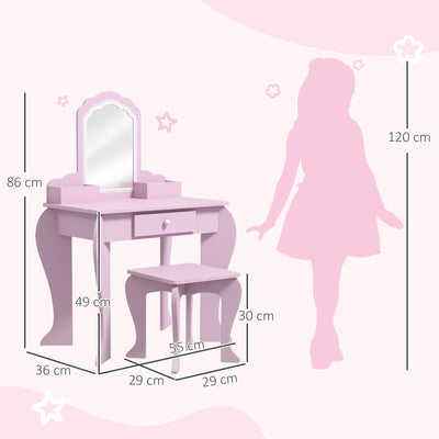 ZONEKIZ Kids Vanity Table with Mirror, Stool, Drawer, Storage Boxes, Cloud Design, for Ages 3-6 Years - Pink 