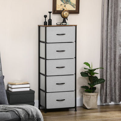 HOMCOM Fabric Chest of Drawers, Storage Drawers, Industrial Bedroom Dresser with 5 Fabric Drawers, Steel Frame and Wooden Top for Nursery, Living Room, Hallway, Grey 