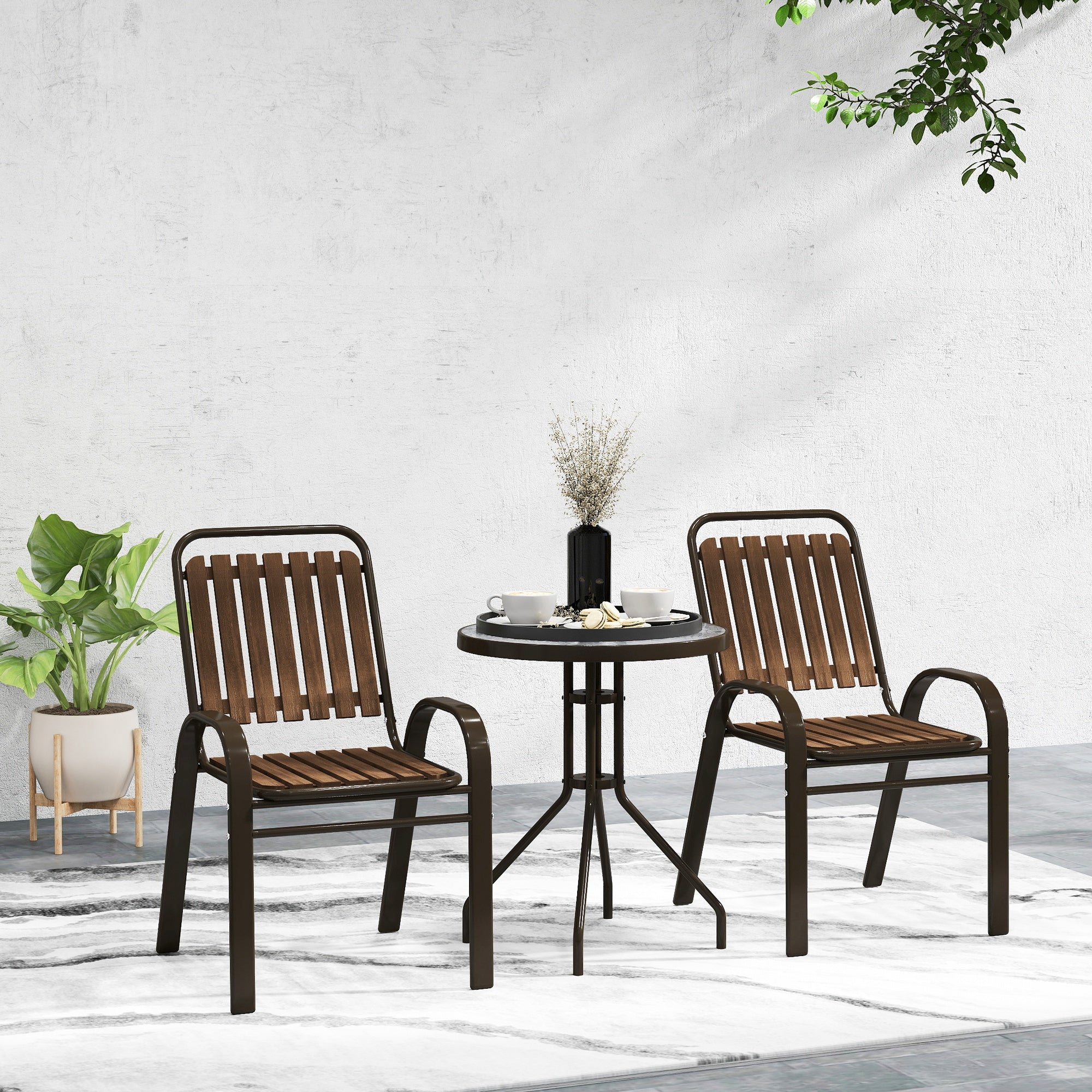 Outsunny 3 Pieces Patio Bistro Set with Stackable Chairs, Tempered Glass Table, for Outdoor, Balcony, Patio, Garden, Dark Brown 