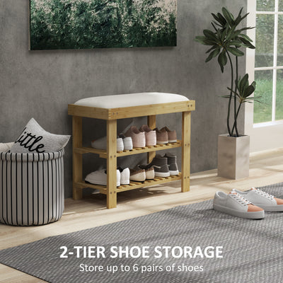 HOMCOM Bamboo Shoe Storage Bench, 3-Tier Shoe Bench with Seat Cushion, Shoe Rack for Entryway, Hallway, Living Room, Bedroom, Cream White 