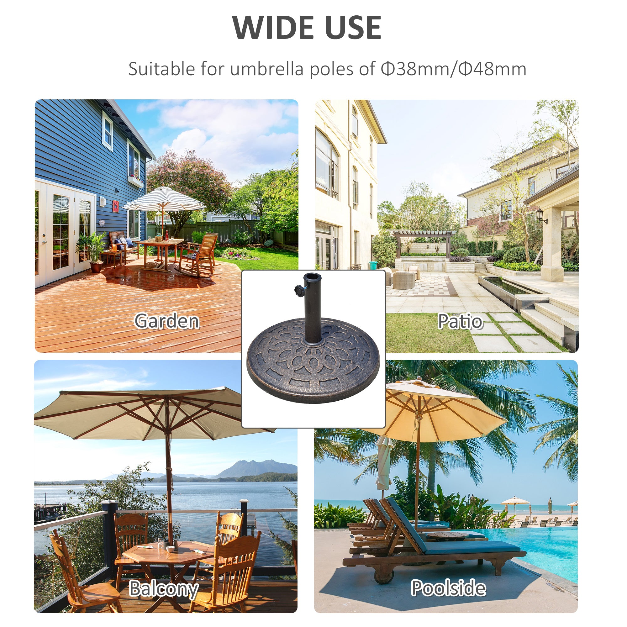 Outsunny 14kg Round Garden Parasol Base Holder Decorative Resin Market Umbrella Stand with Adjustable Coupler, Bronze 