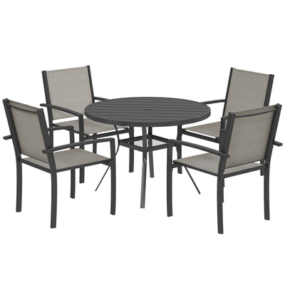 Outsunny 5 Piece Garden Furniture Set, Garden Dining Set with Round Table and 4 Stackable Chairs, Steel Frame, for Outdoor, Patio, Terraces, Dark Grey 