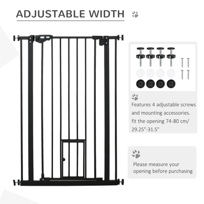 PawHut Extra Tall Pet Gate, Indoor Dog Safety Gate, with Cat Flap, Auto Close, 74-80cm Wide - Black 