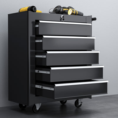 HOMCOM 5-Drawer Tool Chest with Wheels, Steel Lockable Tool Storage Cabinet with Handle, 2 Keys for Garage, Workshop, Black 