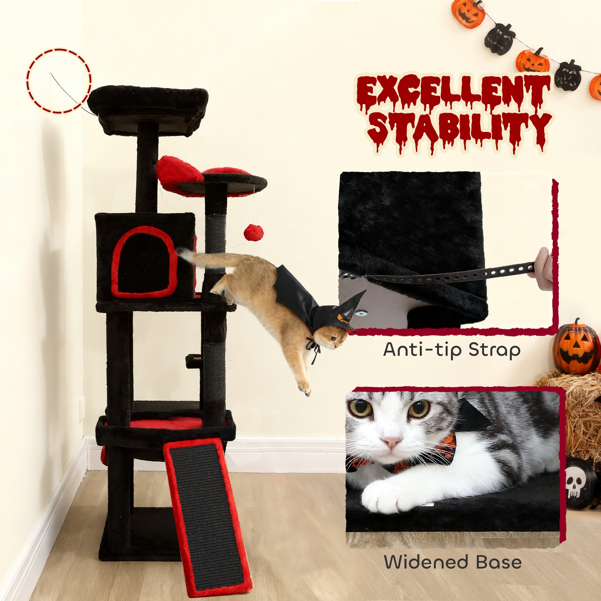 PawHut Gothic Cat Tree, 152 cm Multi-Level Cat Tower for Large Cats with Coffin Bed, Large Condo, for Halloween 