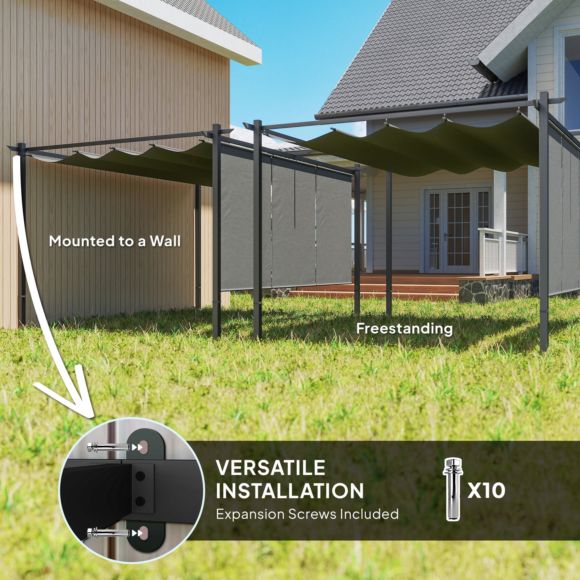 Outsunny 3 x 4m Metal Pergola with Retractable Roof and Roller Shade, Wall-Mounted or Free Standing Garden Gazebo Canopy Pergola Kit, UPF30+ Outdoor Sun Shade Shelter, Grey 