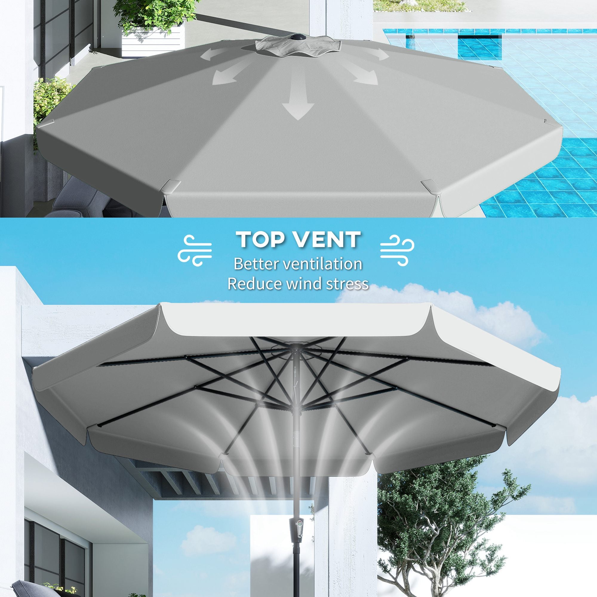 Outsunny 3 m Garden Parasol with Tilt Mechanism & Crank Handle, UPF 30+ Patio Umbrella Outdoor Table Umbrella, Light Grey 