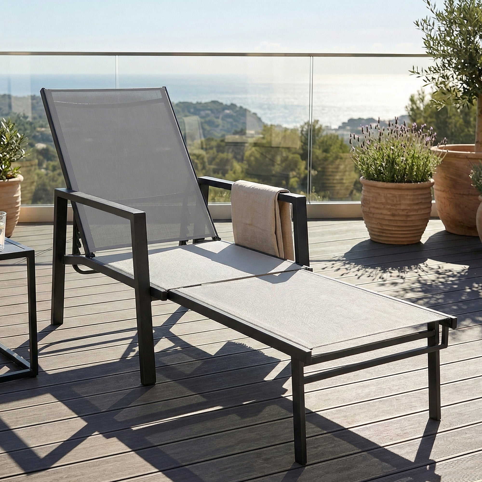 Outsunny Sun Lounger Retracable Footrest 5-Position Adjustable Steel Frame for Beach, Porch, Patio, Camping, Dark Grey 