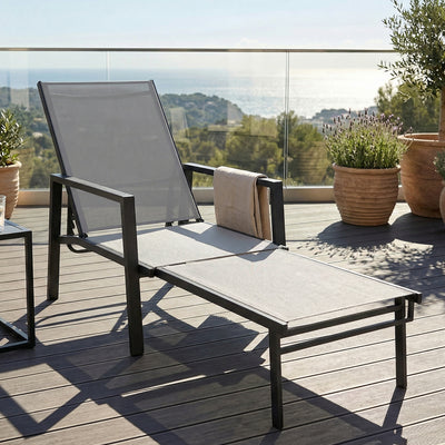 Outsunny Sun Lounger Retracable Footrest 5-Position Adjustable Steel Frame for Beach, Porch, Patio, Camping, Dark Grey 