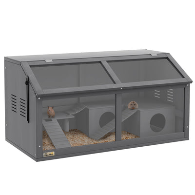 PawHut Hamster Cage, Wooden Small Animal Cage for Gerbils, Mice w/ Suspension Bridge, Openable Top, Hut, 85 x 45 x 44cm - Grey 