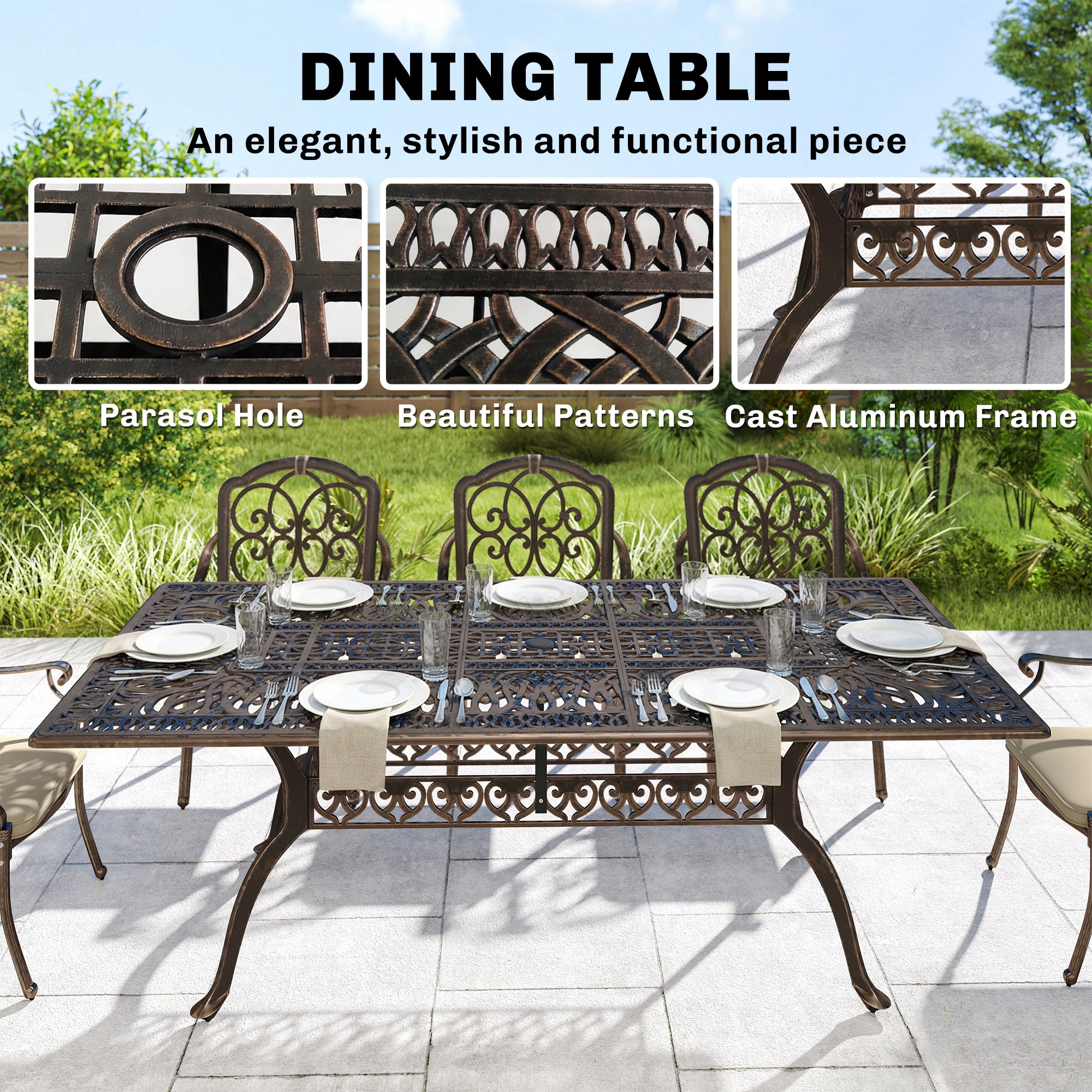 Outsunny 9 Piece Cast Aluminium Garden Dining Set, Garden Table and Chairs Set with Cushions, Parasol Hole for Patio, Bronze Tone 