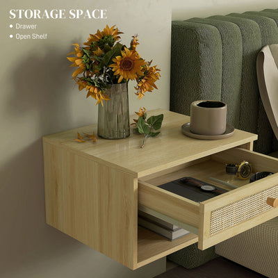 HOMCOM Set of Two Rattan Panel Floating Bedside Tables - Wood-Effect 
