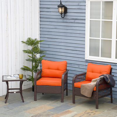 Outsunny 3 Pieces Rattan Bistro Set with Glass Top Coffee Table, Chairs and Cushions for Outdoor, Patio, Balcony, Orange 