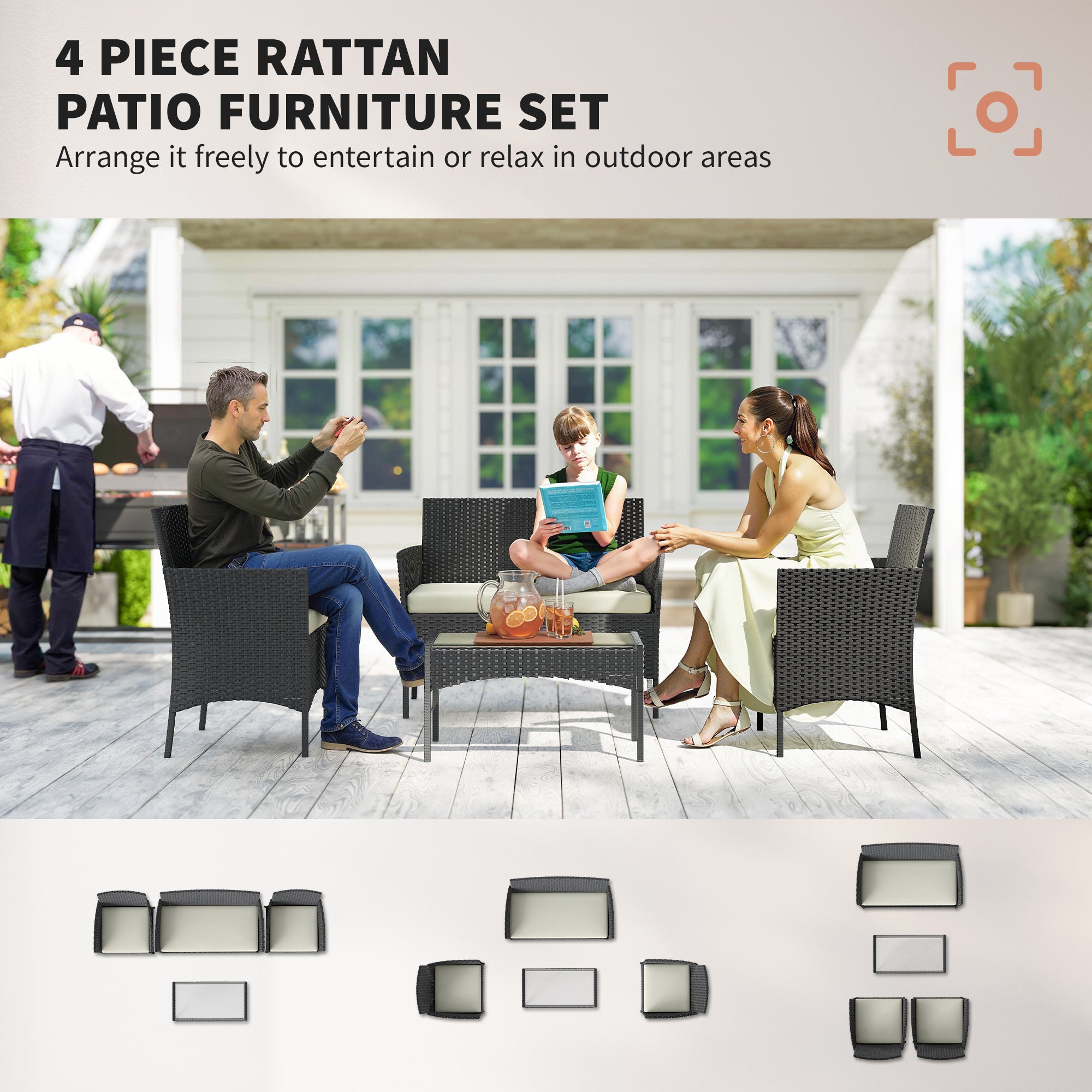 Outsunny 4 Piece Rattan Garden Furniture Sofa Set with Loveseat, Armchairs, Glass-Top Coffee Table and Cushions, Cream White 