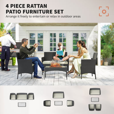 Outsunny 4 Piece Rattan Garden Furniture Sofa Set with Loveseat, Armchairs, Glass-Top Coffee Table and Cushions, Cream White 