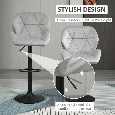 HOMCOM Adjustable Bar Stools Set of 2, Armless Upholstered Swivel Counter Chairs, Barstools with Back, Footrest, Light Grey 