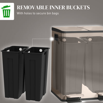 HOMCOM 40L Dual Compartment Stainless Steel Bin, with Deodoriser Holders - Gold Tone 