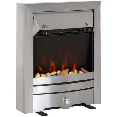 HOMCOM 2KW Stainless Steel Electric Fireplace Pebble Burning Effect Heater Fire Flame Indoor Stove LED Lighting 