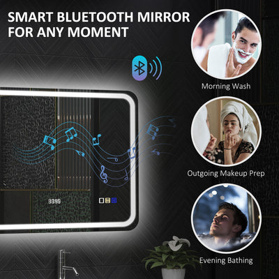 HOMCOM 60 x 80 cm Bluetooth LED Bathroom Mirror with Clock Anti-Fog - Silver Tone 