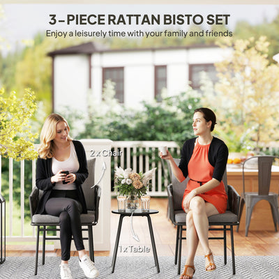 Outsunny 3-Piece Rattan Bistro Set, Garden Table and Chairs with 4 Cushions, Patio Rattan Conversation Furniture Set for Balcony, Porch, Terrace, Grey 