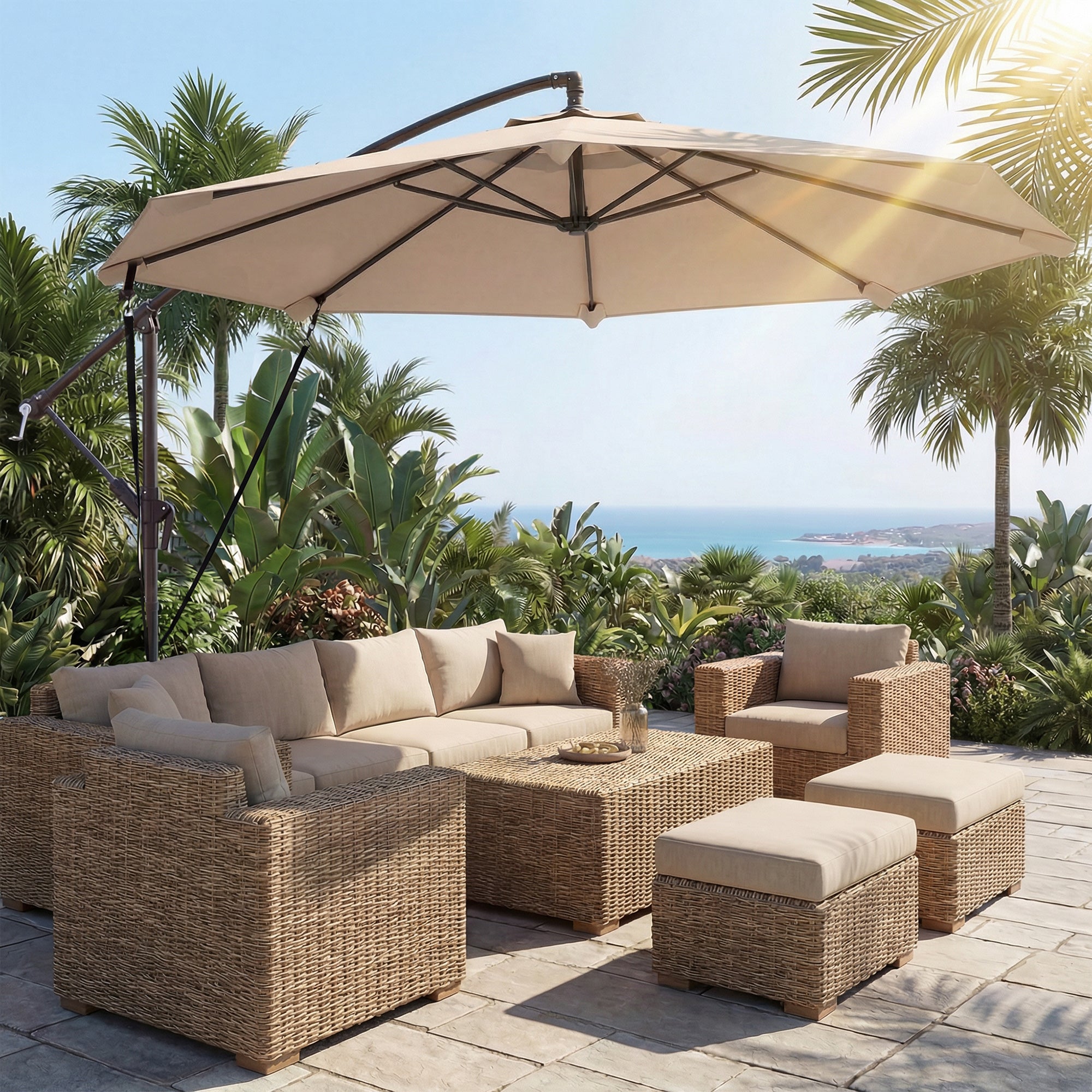 Outsunny 3 m Cantilever Parasol with Protective Cover and Wind Ropes, Banana Parasol with Crank Handle, Khaki 