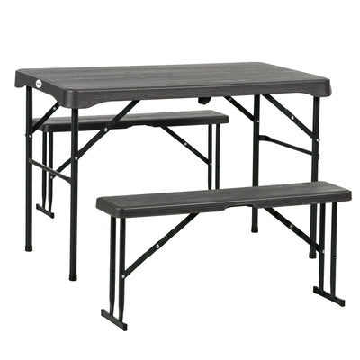 Outsunny Folding Picnic Table with 2 Benches, 3-Piece Portable Garden Furniture Set for 4, Dining Table Set with Plastic Top, Steel Frame, Dark Grey 