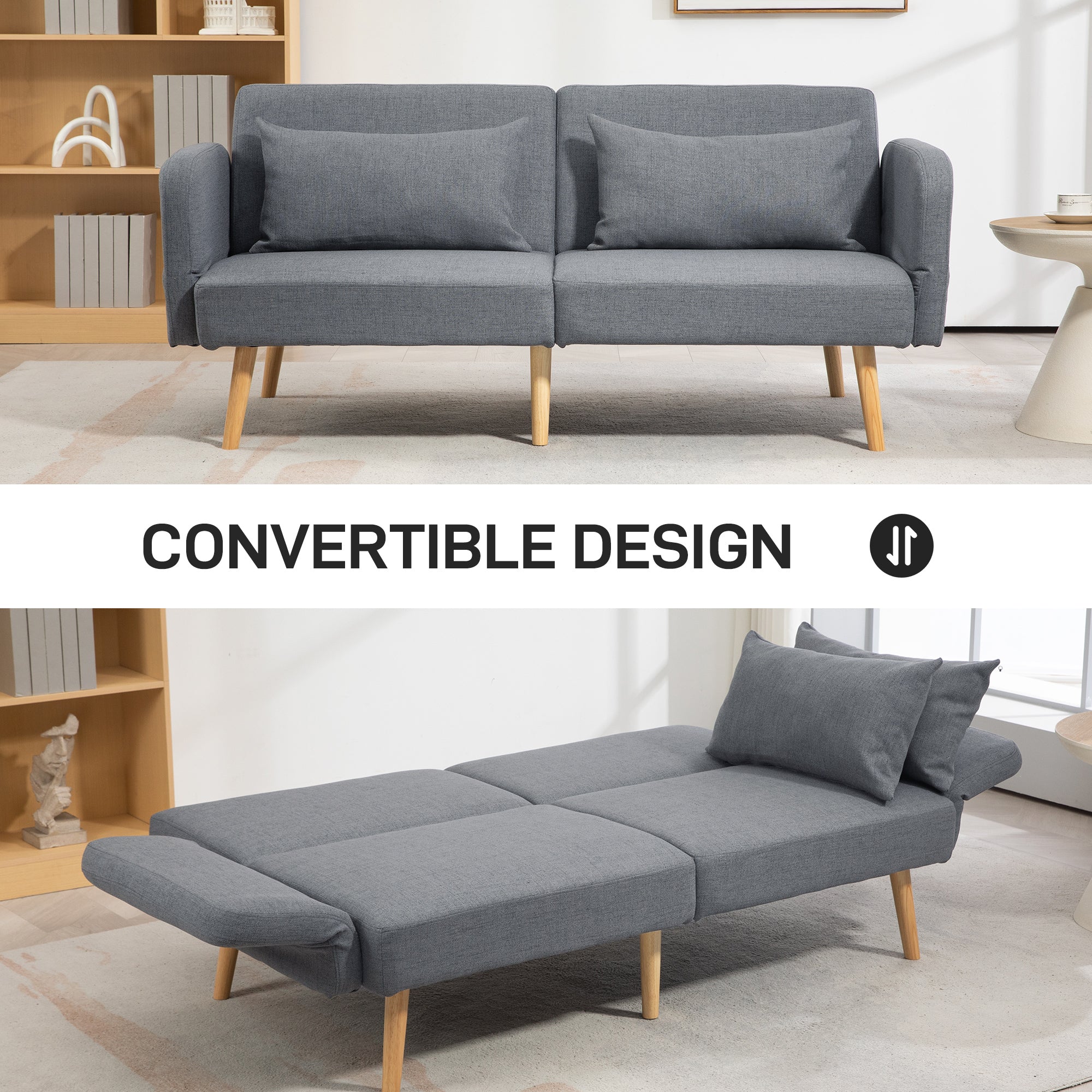 HOMCOM Two-Seater Click-Clack Sofa Bed, with Pillows - Grey