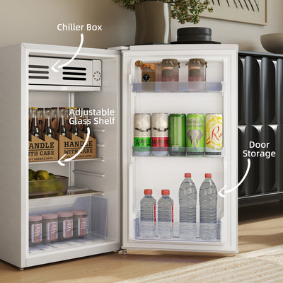 HOMCOM Under Counter Fridge, 85L Small Retro Refrigerator with Chiller Box, Adjustable Thermostat, Glass Shelves, White 