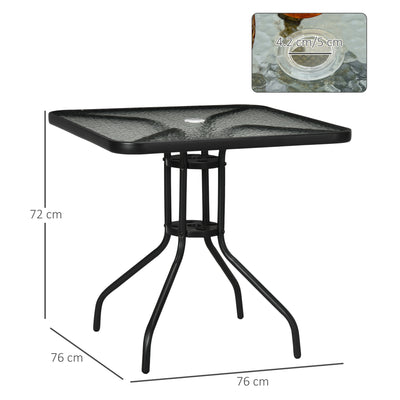Outsunny Square Patio Table, Tempered Glass Top Bistro Table, Garden Dining Table, Outdoor Accent Coffee Table 76 x 76cm Steel Frame with Umbrella Hole 