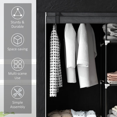HOMCOM Fabric Wardrobe, Portable Wardrobe with 6 Shelves, 1 Hanging Rail, Foldable Closets, 103 x 43 x 162.5 cm, Black 