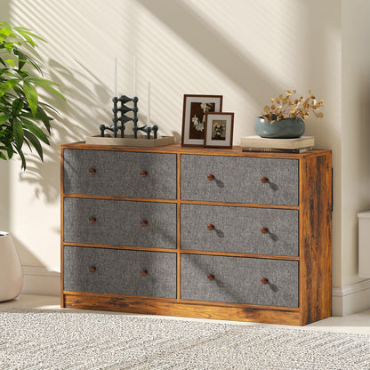 HOMCOM Chest of Drawers, Dresser with 6 Fabric Drawers - Grey and Rustic Brown