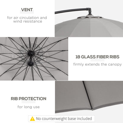 Outsunny 3(m) Cantilever Umbrella 18 Ribs & Vents Adjustable Angle for Patio Light Grey 