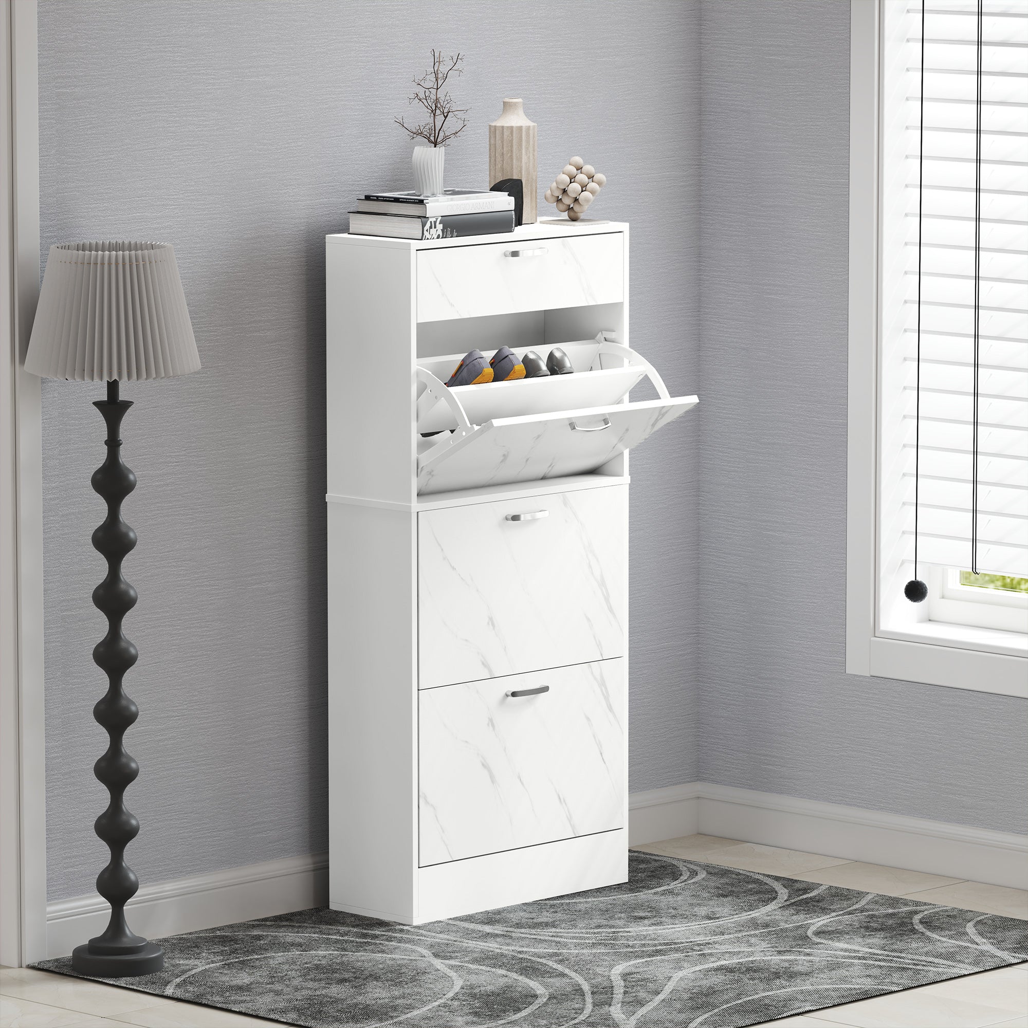 HOMCOM Marble Shoe Storage Cabinet with 3 Flip Drawers, Hallway Cabinet with Top Drawer and Adjustable Shelves, Shoe Cupboard for 18 Pairs, White 