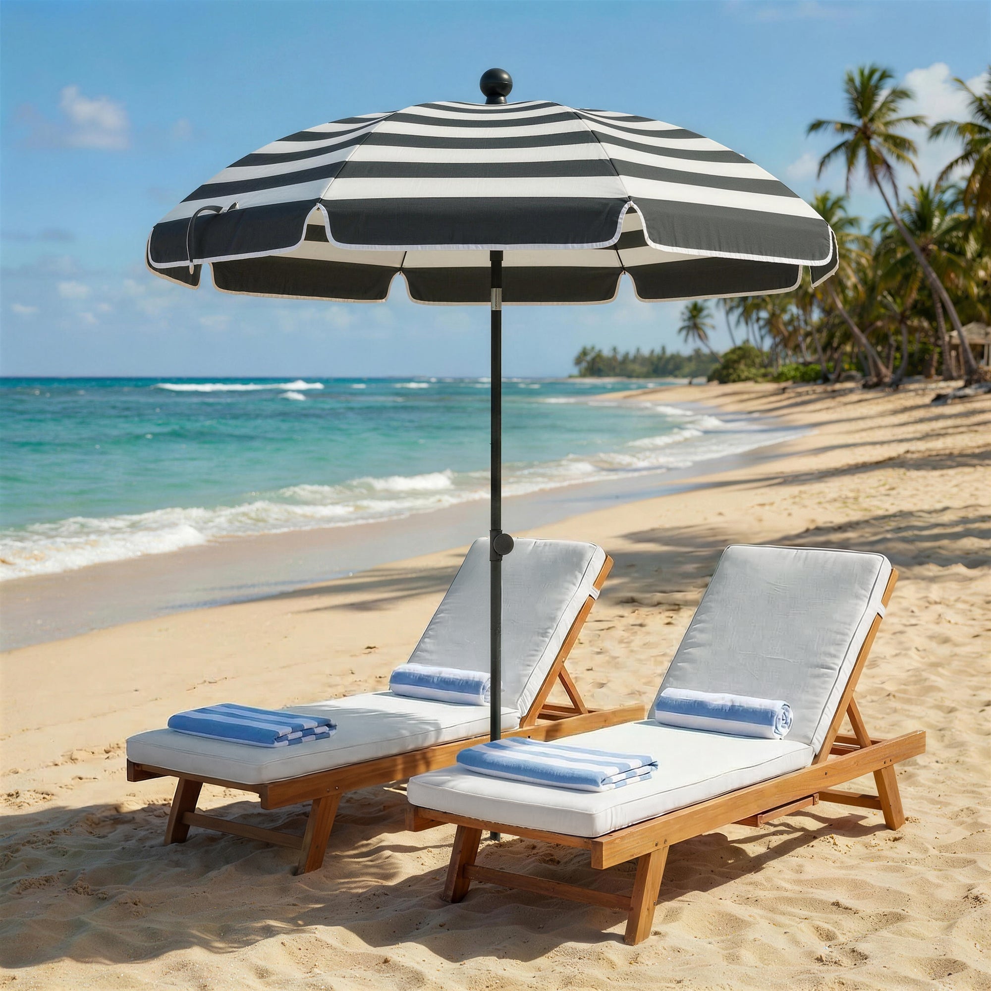 Outsunny 1.8 m Beach Umbrella Parasol with Sand Anchor, Portable 30° Tilting Patio Sun Shade with Adjustable Height, Grey/White 