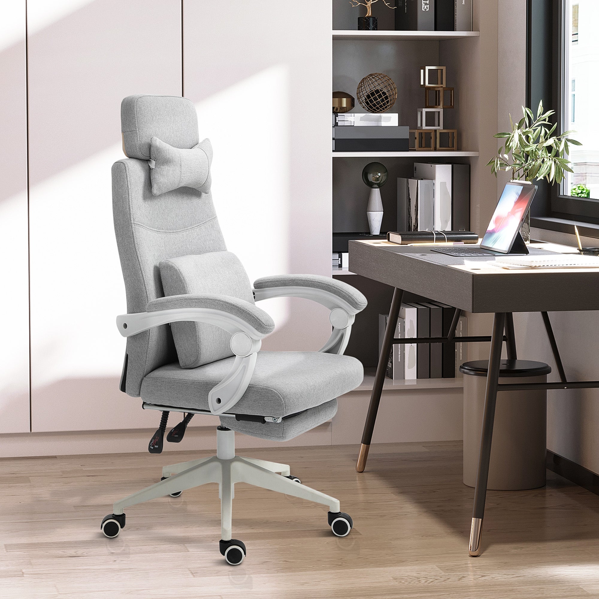 Vinsetto Office Chair, Ergonomic Desk Chair, High Back Fabric Work Chair with 160\'c2\'b0 Reclining Backrest, Retractable Footrest, Neck and Lumbar Pillow for Home and Study, Grey