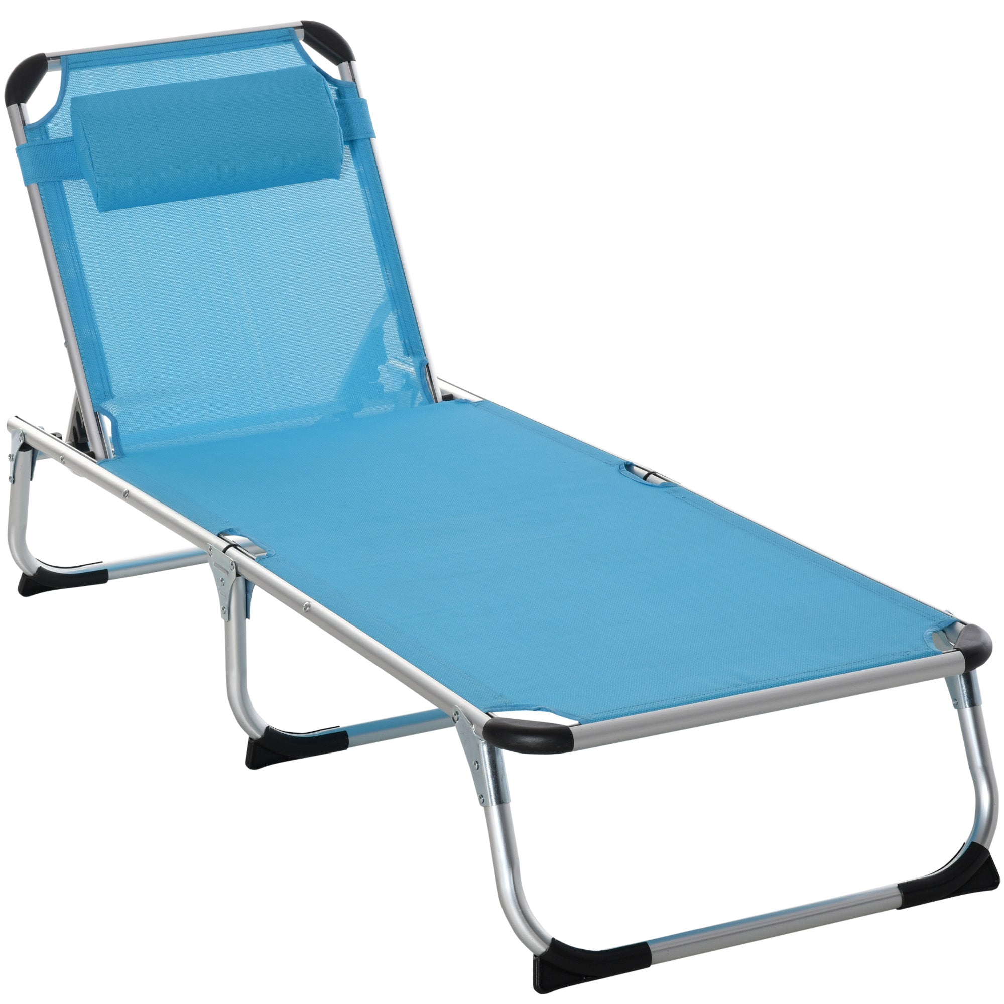 Outsunny Foldable Outdoor Sun Lounger, Reclining Lounge Chair Camping Bed Cot with Pillow 4-Level Adjustable Back Aluminium Frame, Blue 