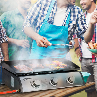 Outsunny Gas Plancha Grill with 3 Stainless Steel Burner, 9kW, Portable Tabletop Gas BBQ with Non-Stick Griddle for Camping Picnic Garden Party Festival 