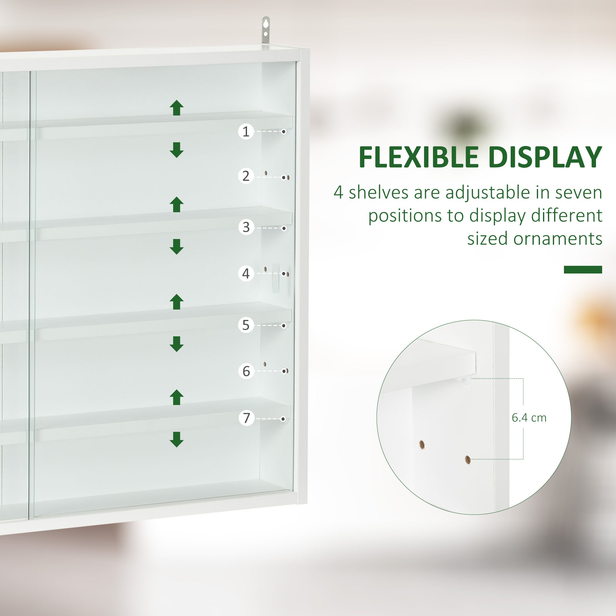 HOMCOM 5-Tier Wall Display Shelf Unit Cabinet w/ 4 Adjustable Shelves Glass Doors Home Office Ornaments 60x80cm White 