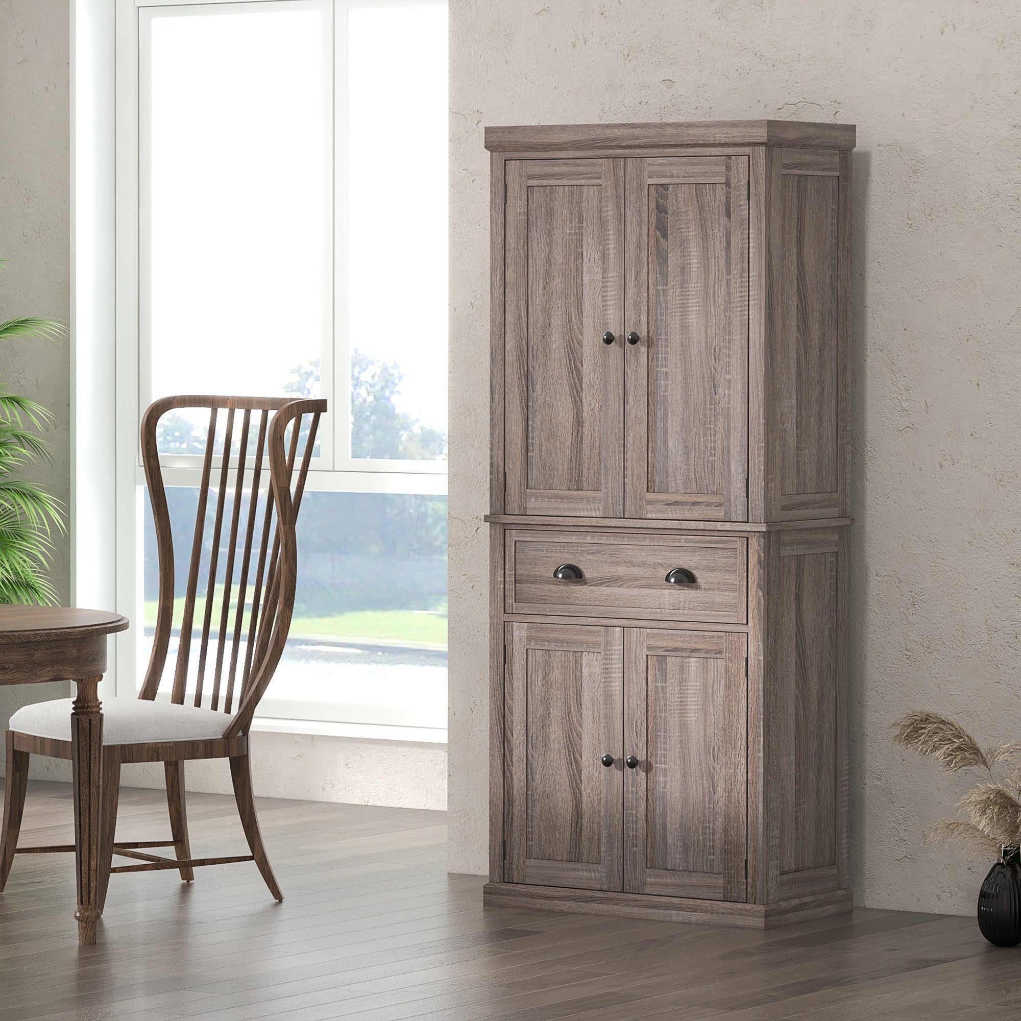 HOMCOM Freestanding Kitchen Cupboard, 184cm Tall Storage Cabinet with Doors and Shelves, Traditional Colonial 4-Door Kitchen Pantry Cupboard with Drawer, Dark Wood Grain 